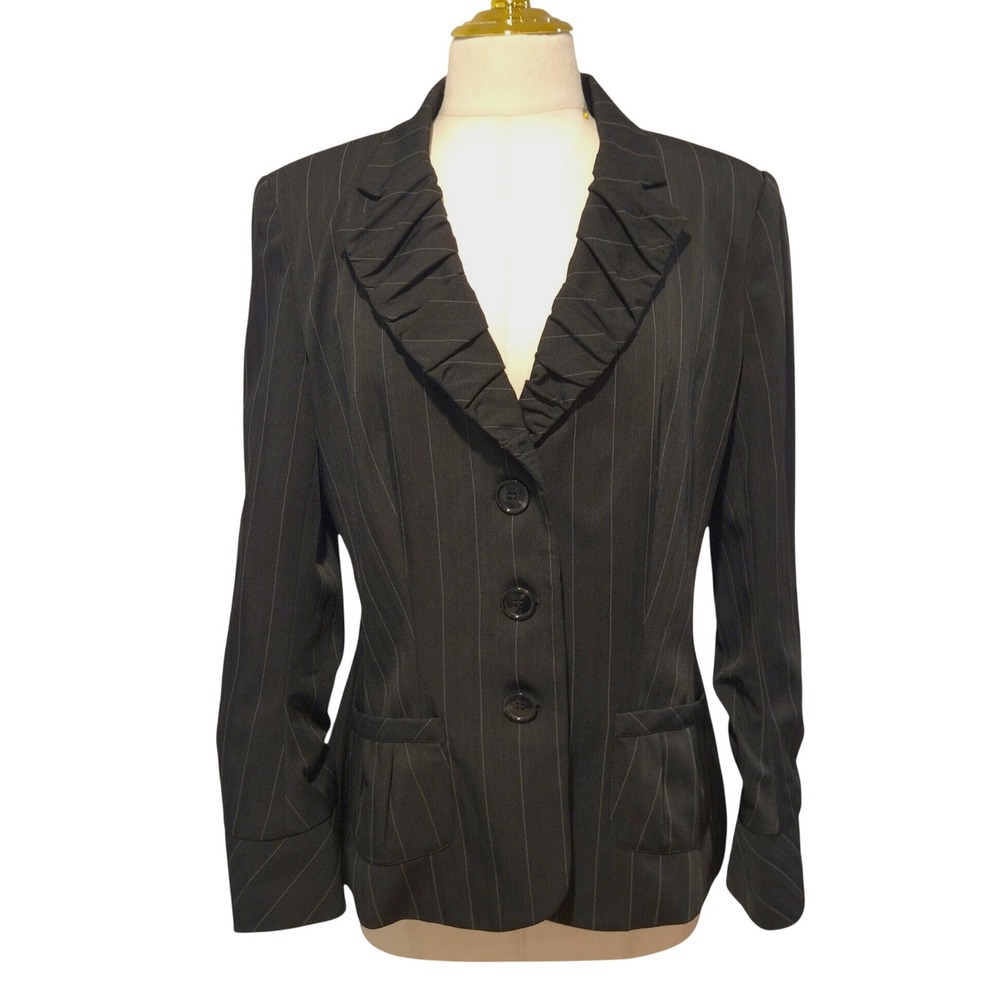 Bisou Bisou Blazer Women Size 14 Black Pinstripe Ruffle Lapel Ruched Sleeve